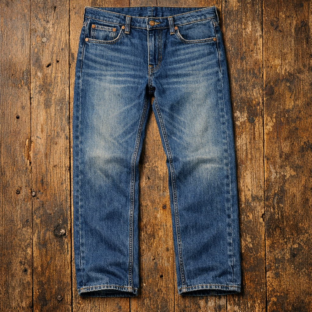 Jeans straight fit posés sur une surface en bois, style vintage
